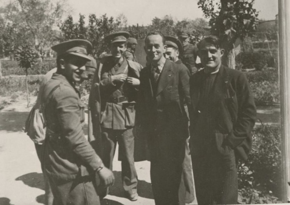 13.- "José Maria Varela (Assistant Commissar of 15th.  International Brigade), José María Sastre (Comissar of 35th Division) with 2 delegates from French Confederation Generale du Travail visiting 15 th International Brigade.